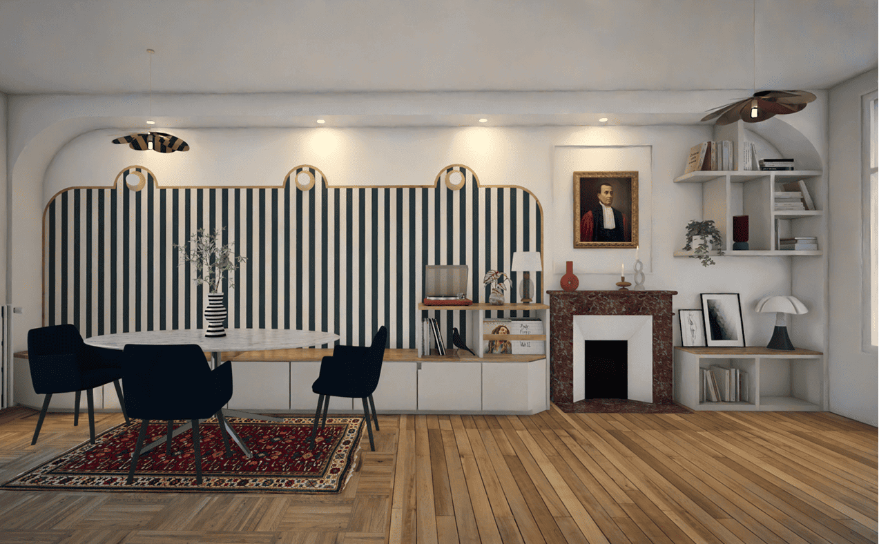 banquette-sur-mesure-papier-peint-rayures-salle-a-manger-chatellerault-niort