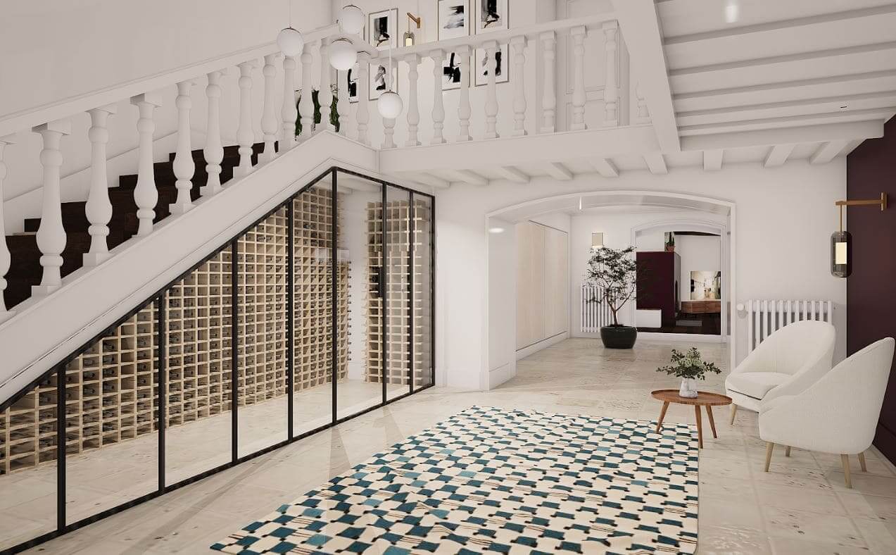 cave-a-vin-verriere-entree-sous-escalier-sarah-lavoine-tapis-saint-julien-lars