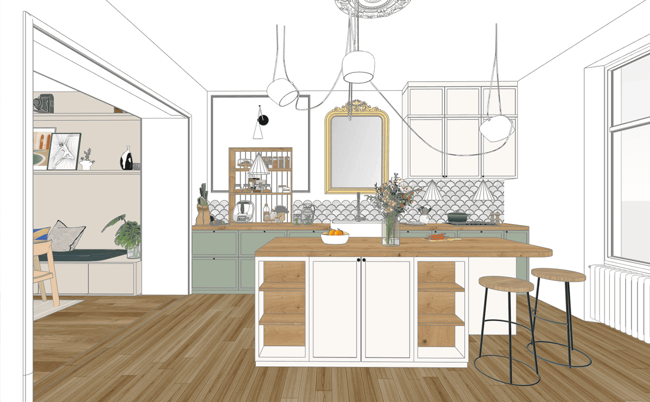 projet-cuisine-amenagement-vintage-lumineuse-lineraire-vert-bois-sur-mesure-poitiers-bressuire